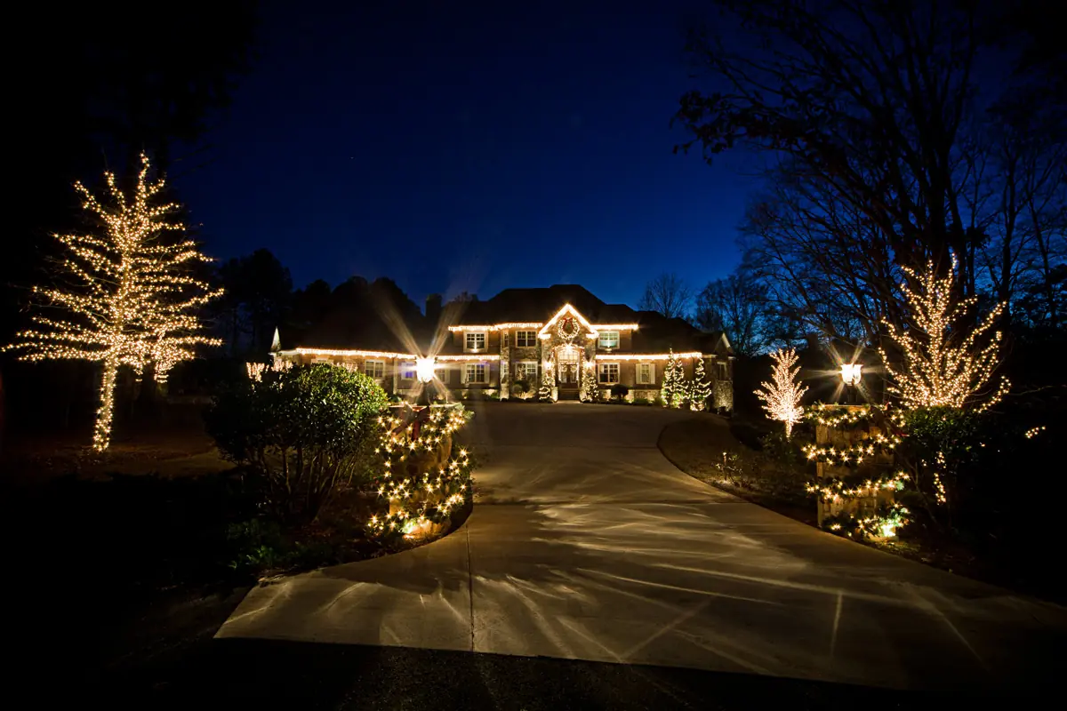 Professional holiday lighting along an estate driveway and landscape