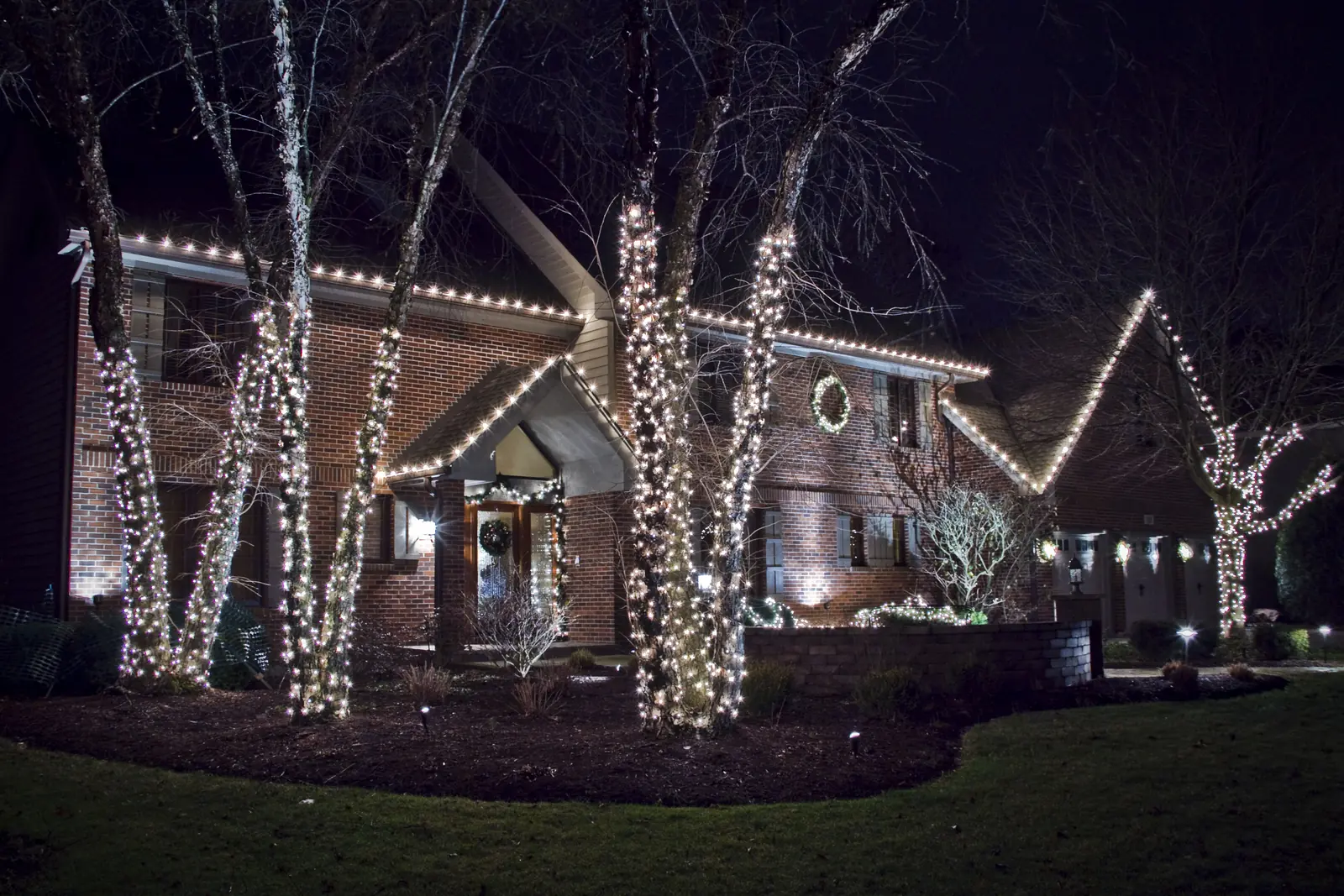 Whole-property display across rooflines, trees, and planting beds