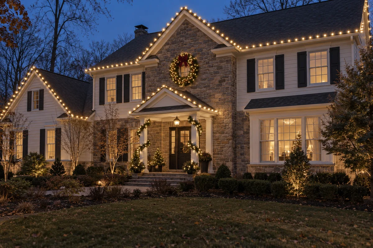Warm white roofline lights and an illuminated wreath on a stone and clapboard home
