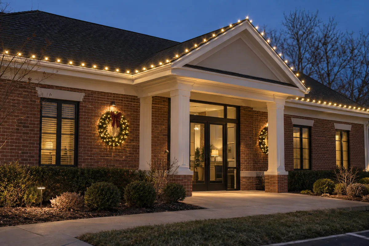 Warm white Christmas lights outlining a small brick office entrance
