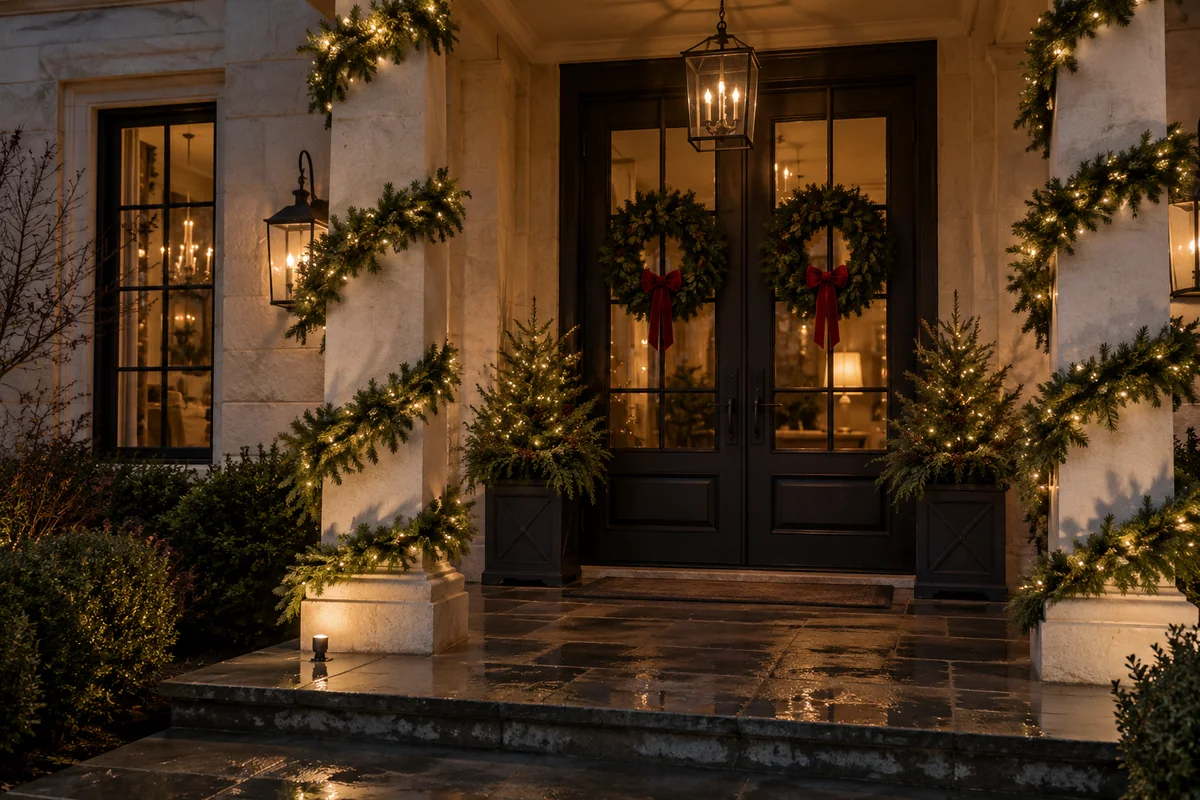 Lighted evergreen garland framing a sheltered front porch