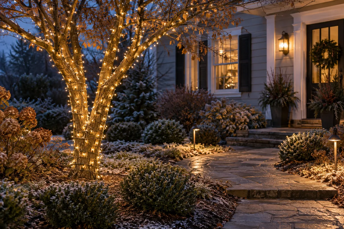 Warm white holiday lights wrapped around a garden tree beside a walkway