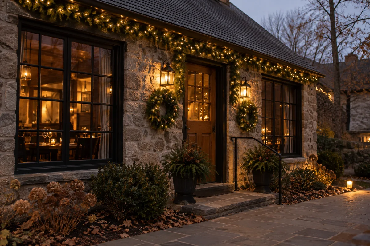 A restaurant entrance decorated with lighted greenery and wreaths