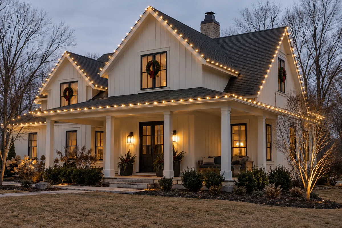 Christmas roofline lights on a cream farmhouse with a covered porch
