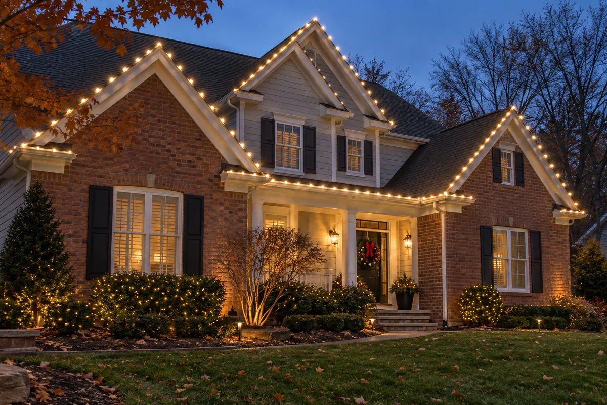Warm white holiday lights on a traditional brick and siding home