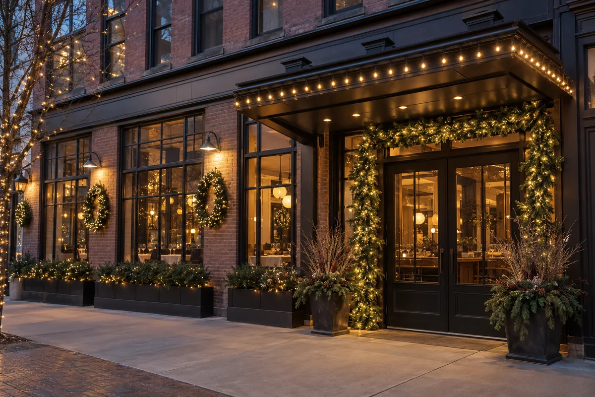 Seasonal roofline lights and greenery decorating a modern storefront