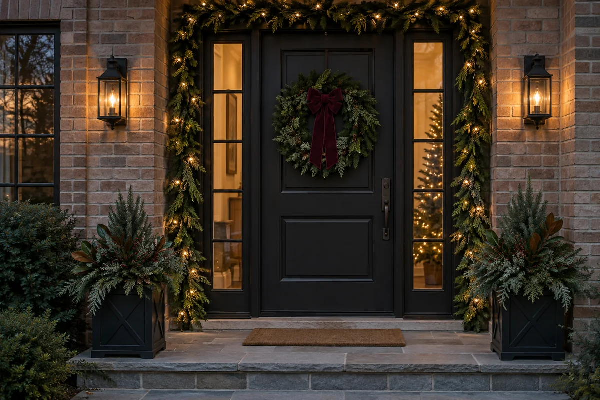 Lighted holiday garland and a wreath around a front door