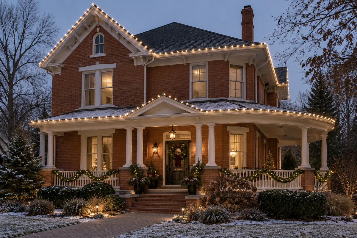 Warm white holiday lights tracing a brick home and its porch