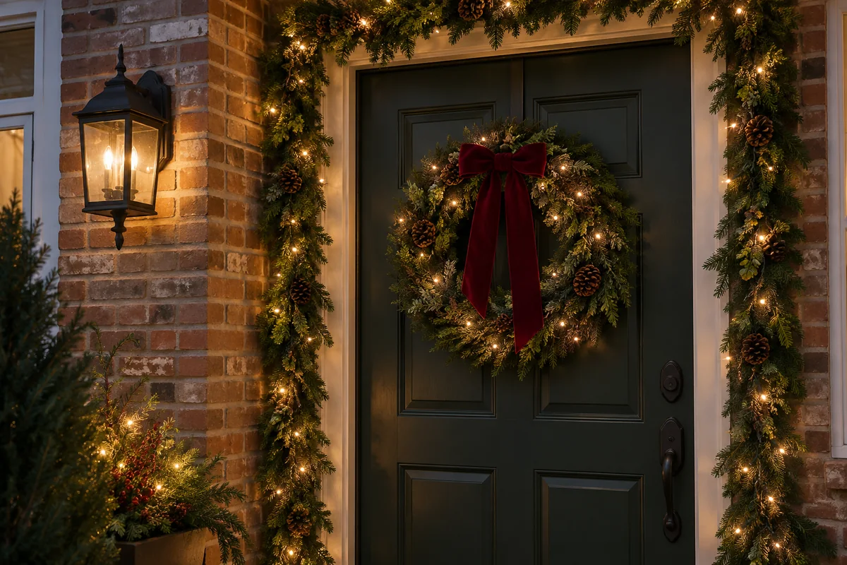 An illuminated wreath and garland around a paneled front door