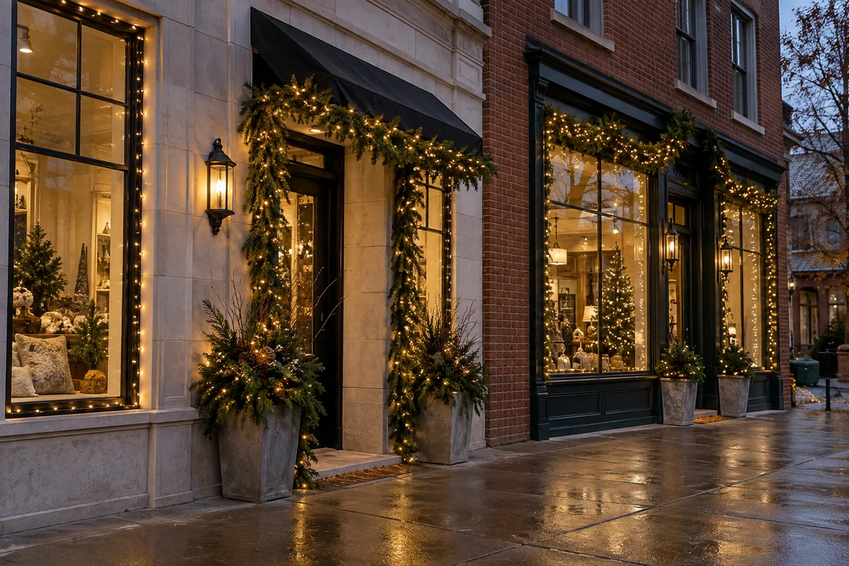 Two neighboring storefronts with coordinated holiday lights and greenery