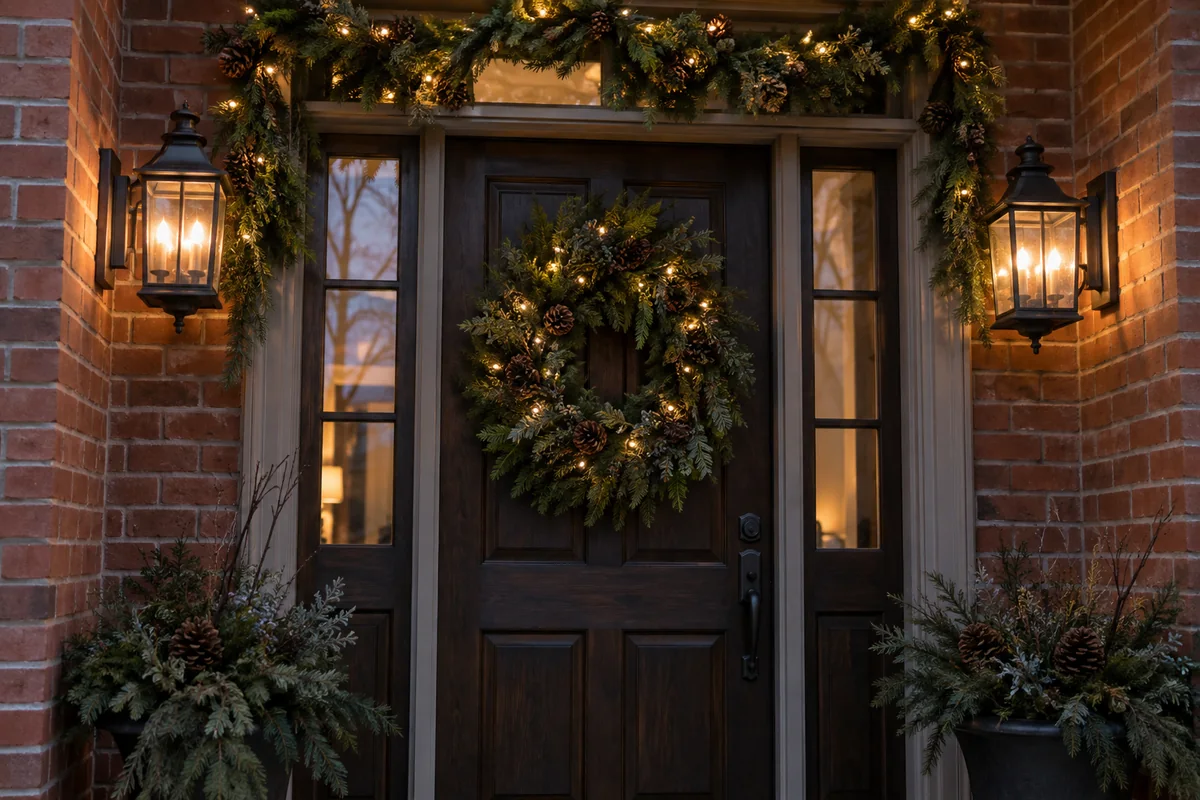 An illuminated wreath and garland on a brick porch entrance