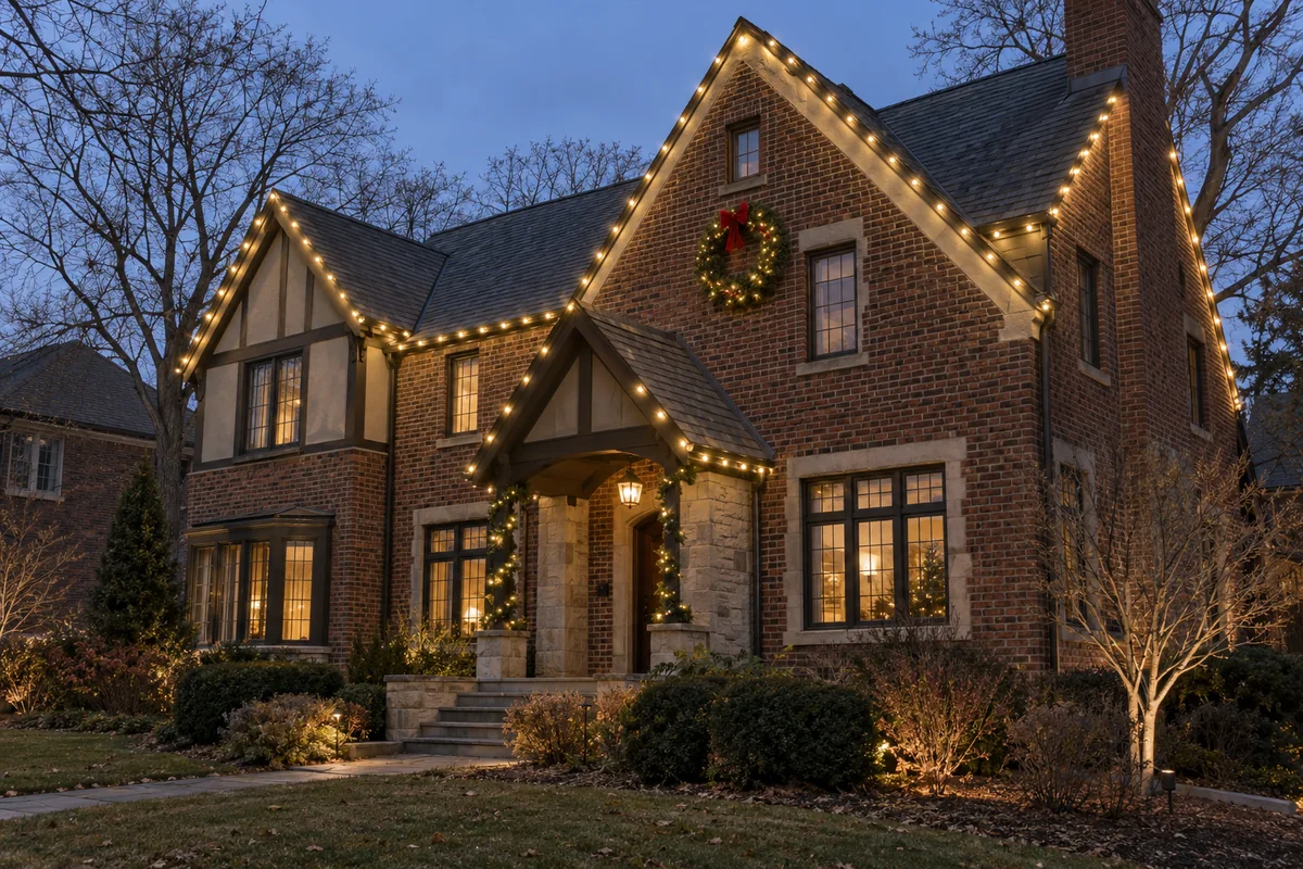 Warm white roofline lights and greenery on an older brick home