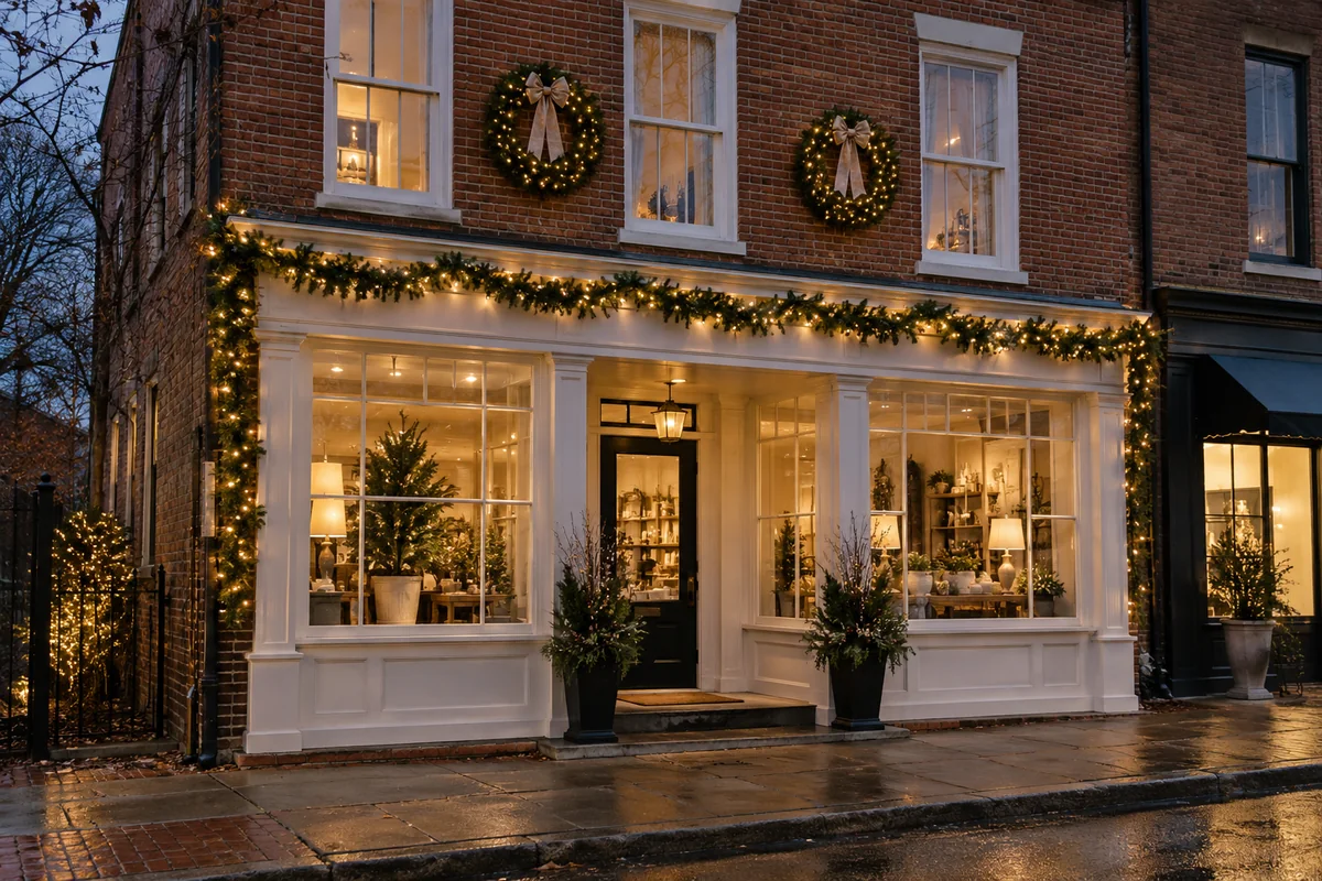 Coordinated holiday greenery and warm white lights on a boutique facade