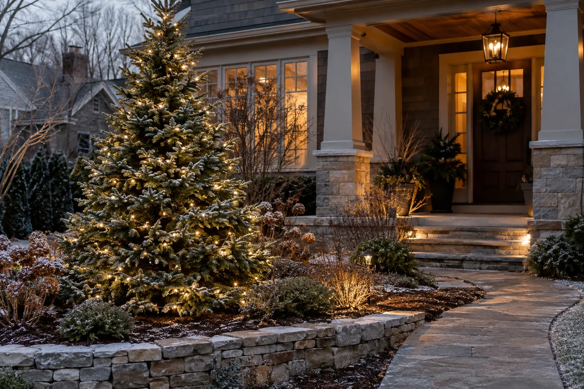 A lighted evergreen tree beside a residential garden path
