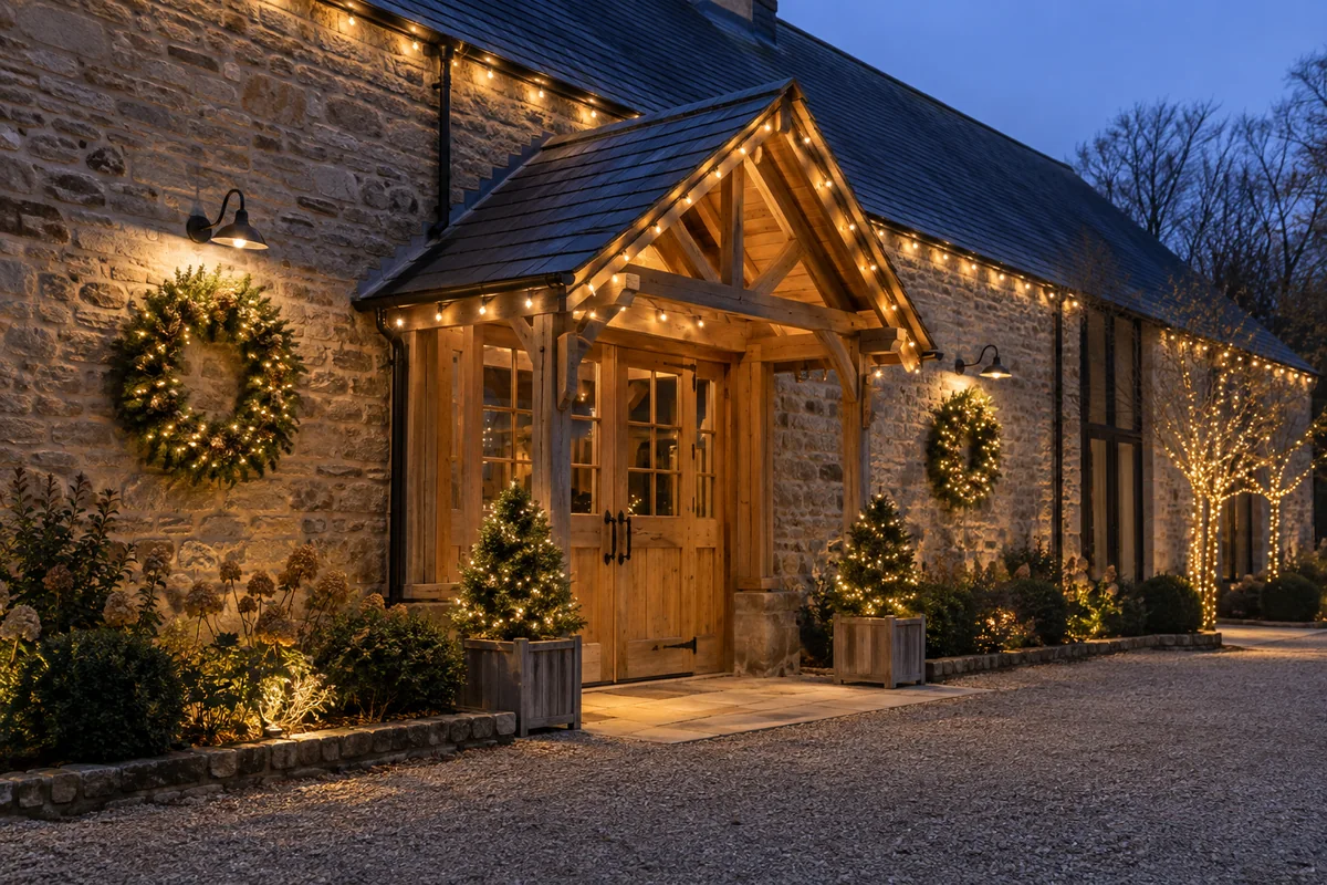Seasonal lights and evergreen garland at a stone event venue entrance