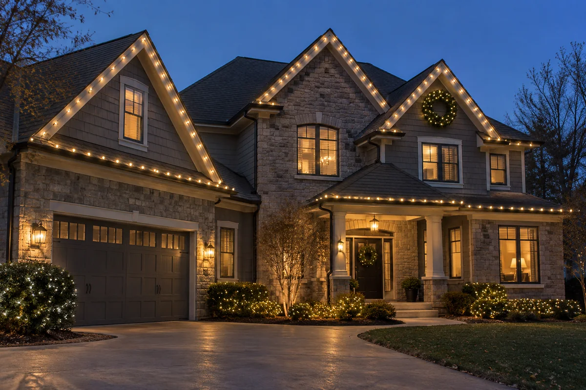Warm white Christmas lights on the gables of a stone and siding home