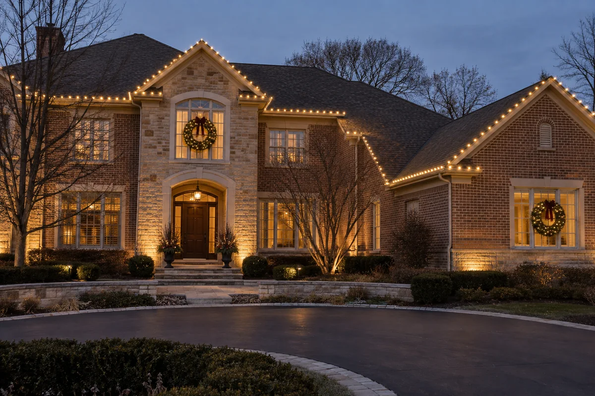 Restrained holiday roofline lights on a brick and stone residence