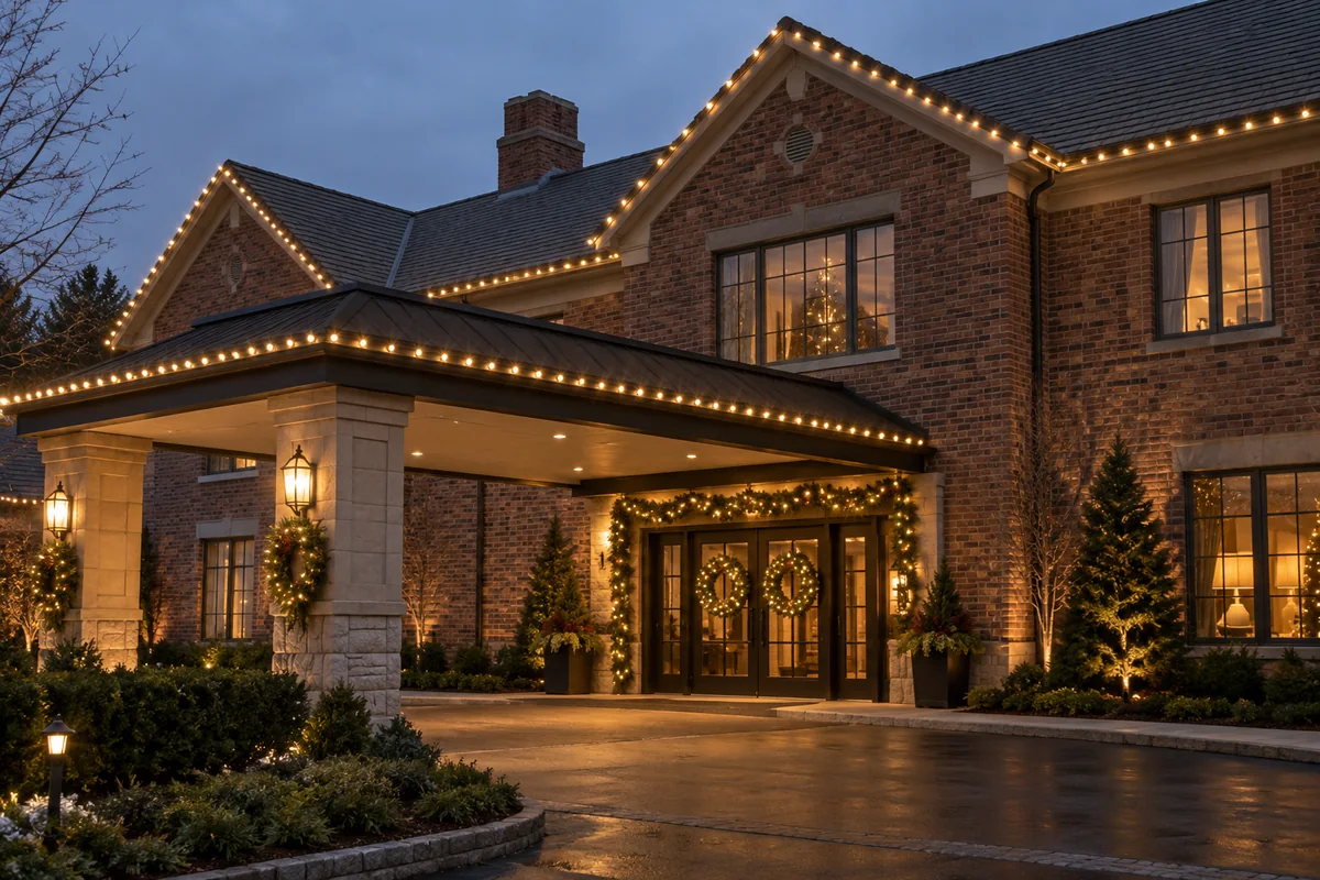 A country-club-style building entrance with coordinated holiday greenery