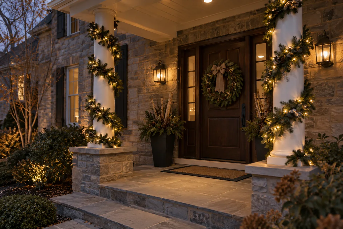 Lighted garland and wreaths decorating a stone porch entrance