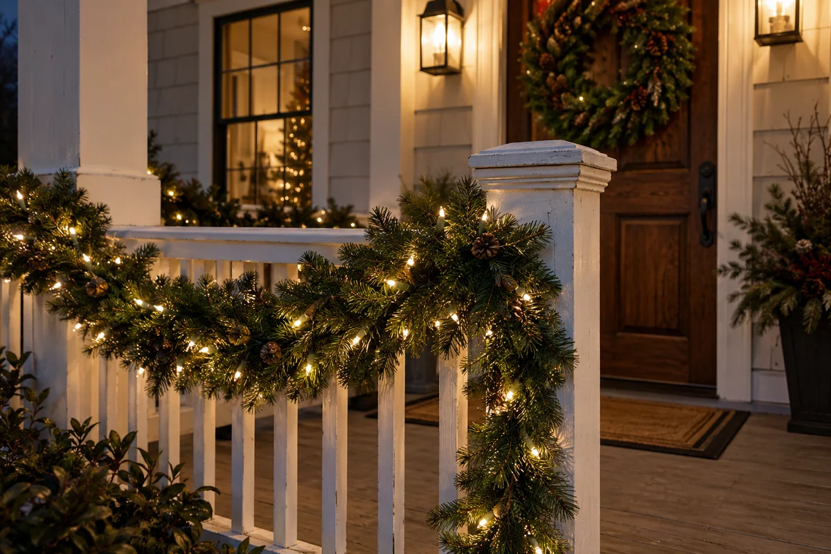 Warm white garland lights along a porch railing and doorway