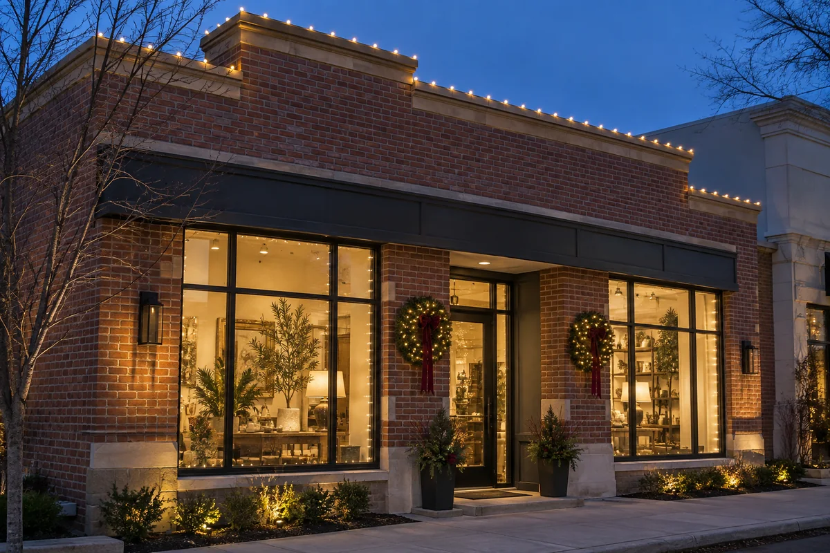 A brick storefront with holiday window lighting and entrance wreaths