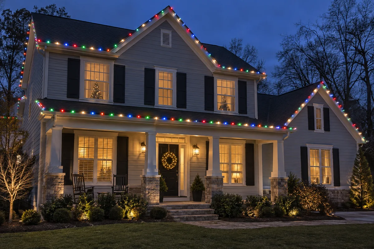 Classic multicolor Christmas lights outlining a well-kept suburban home