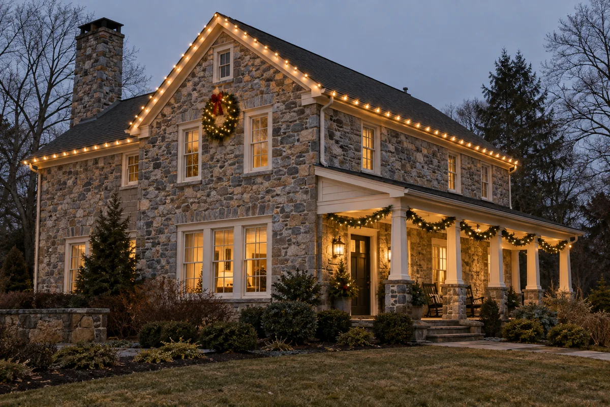 Warm white holiday lights on a stone farmhouse and its porch