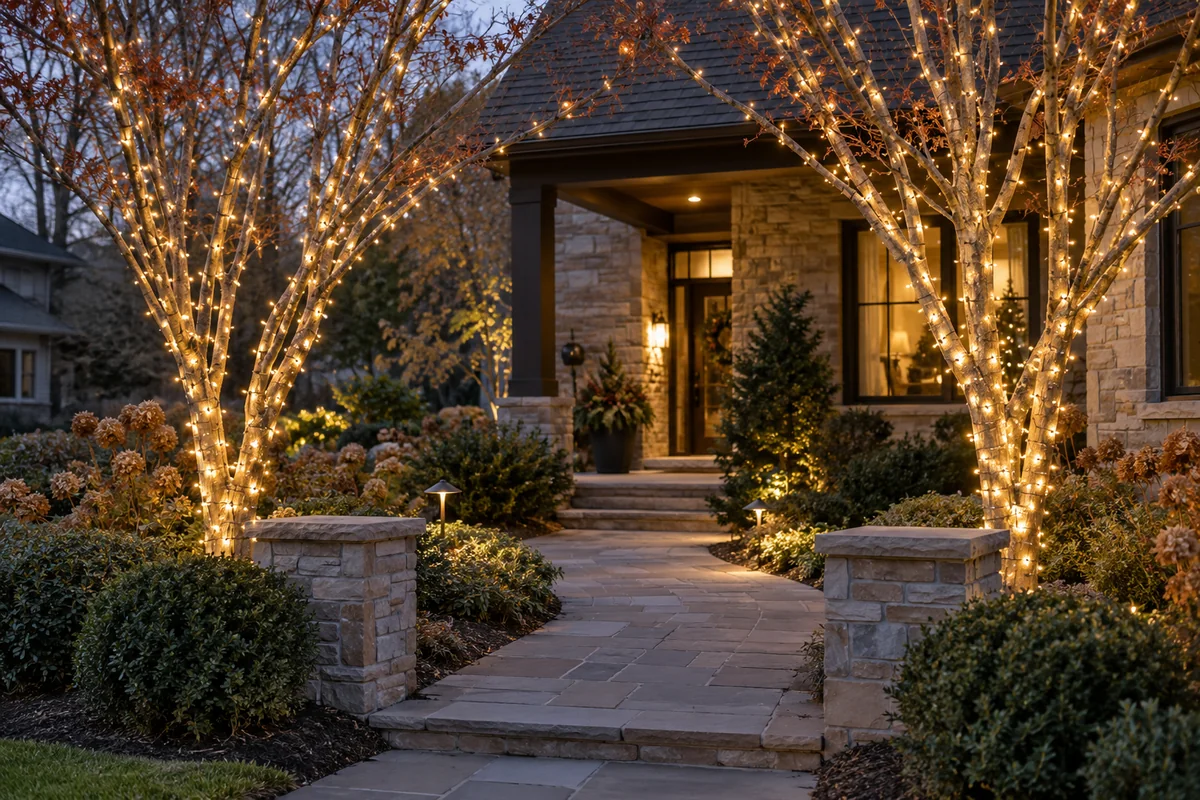 Two small trees wrapped with warm white lights beside a driveway entrance