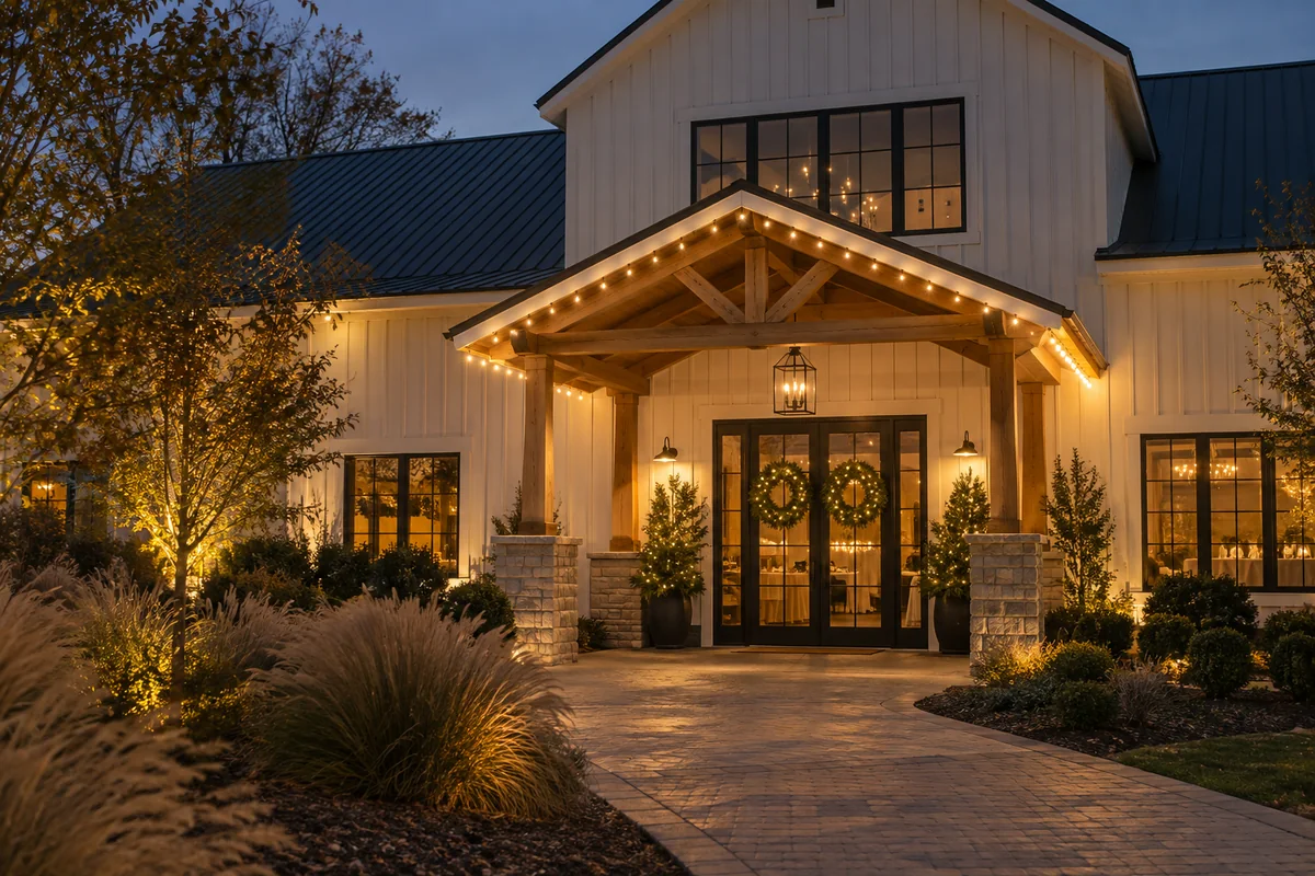 Lighted garland and roofline bulbs at a restored barn-style venue