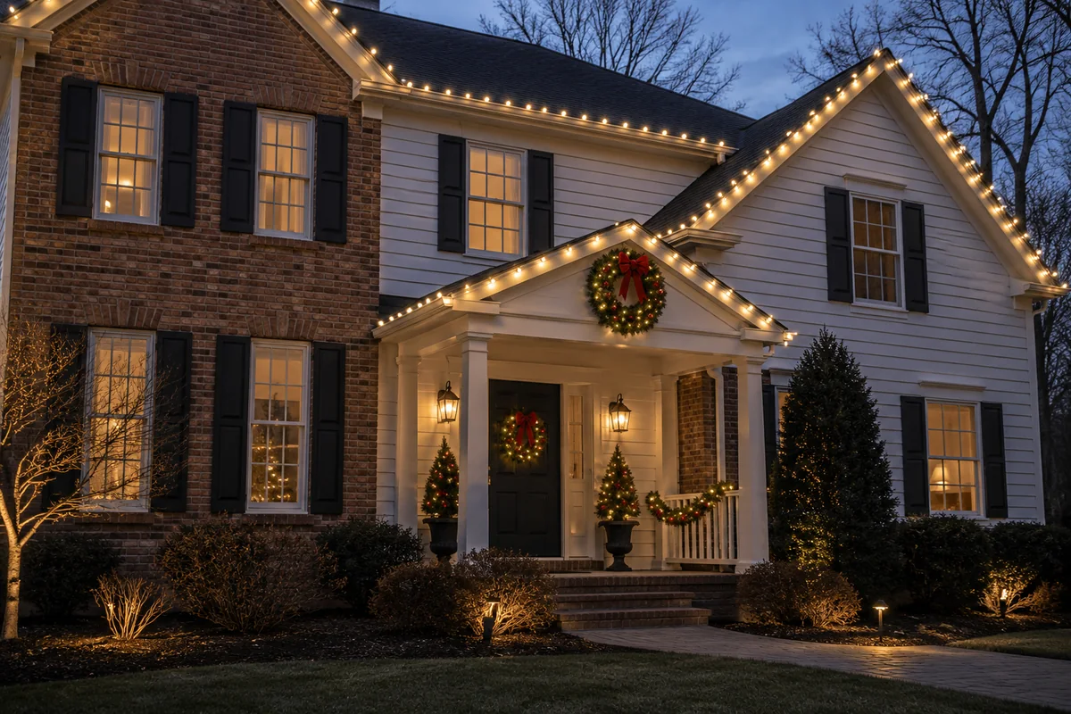 Classic Christmas lights on a brick and white siding colonial home