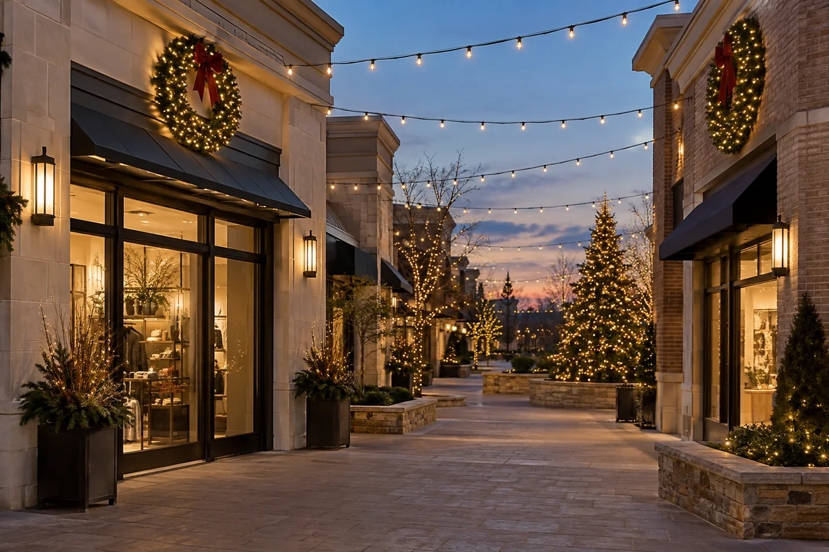 Coordinated holiday lights and wreaths at an open-air shopping center