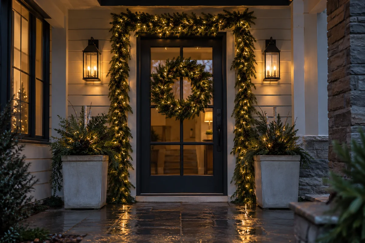 Warm white holiday garland framing a glass entrance