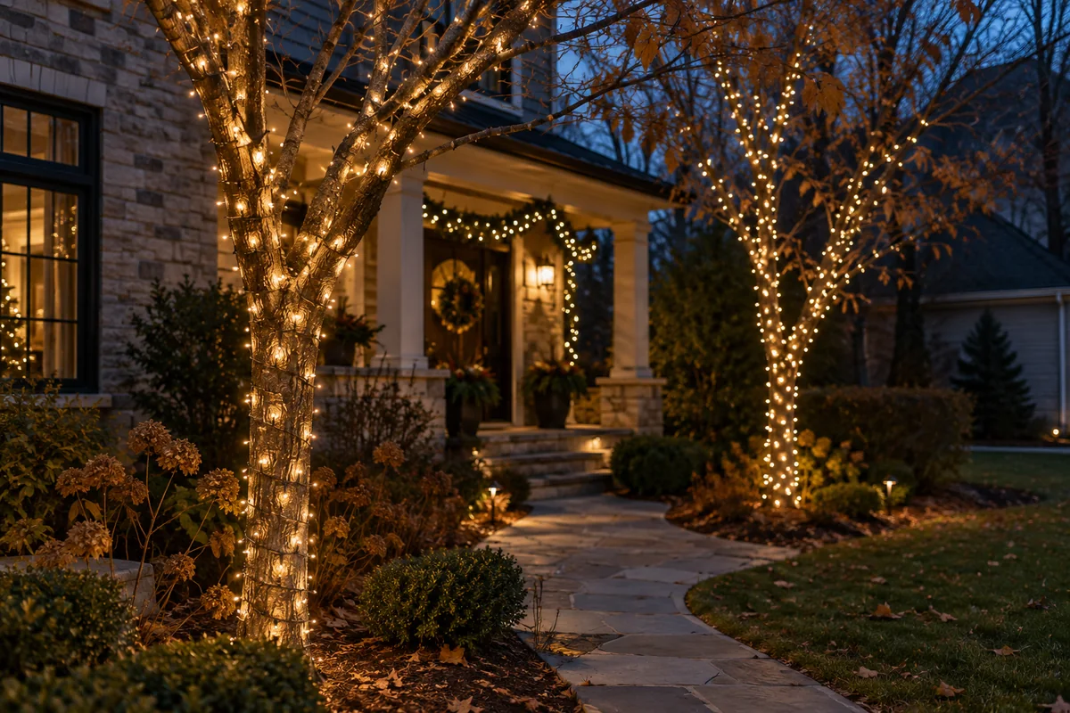 Warm white holiday tree wraps beside a stone walkway