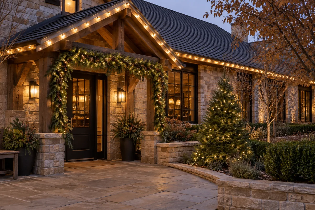 Holiday lights and greenery around a restaurant garden entrance