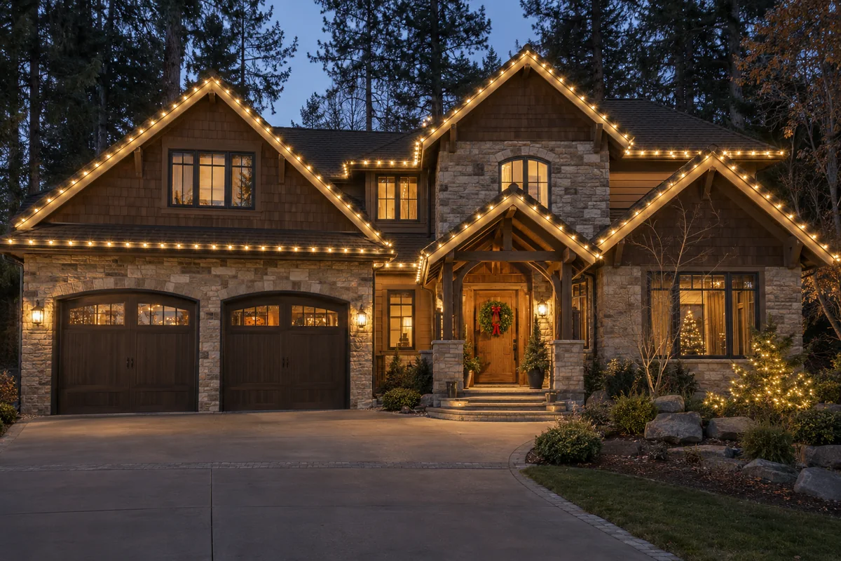 Warm white Christmas roofline lights on a home in a wooded setting