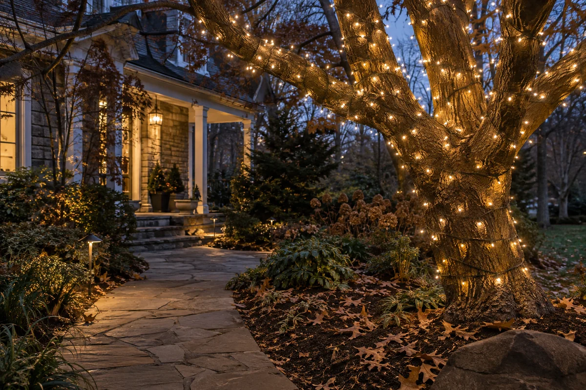 A softly illuminated tree beside a woodland garden path
