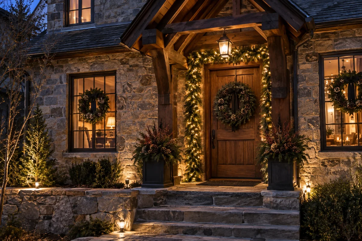 A stone inn entrance decorated with lighted evergreen garland