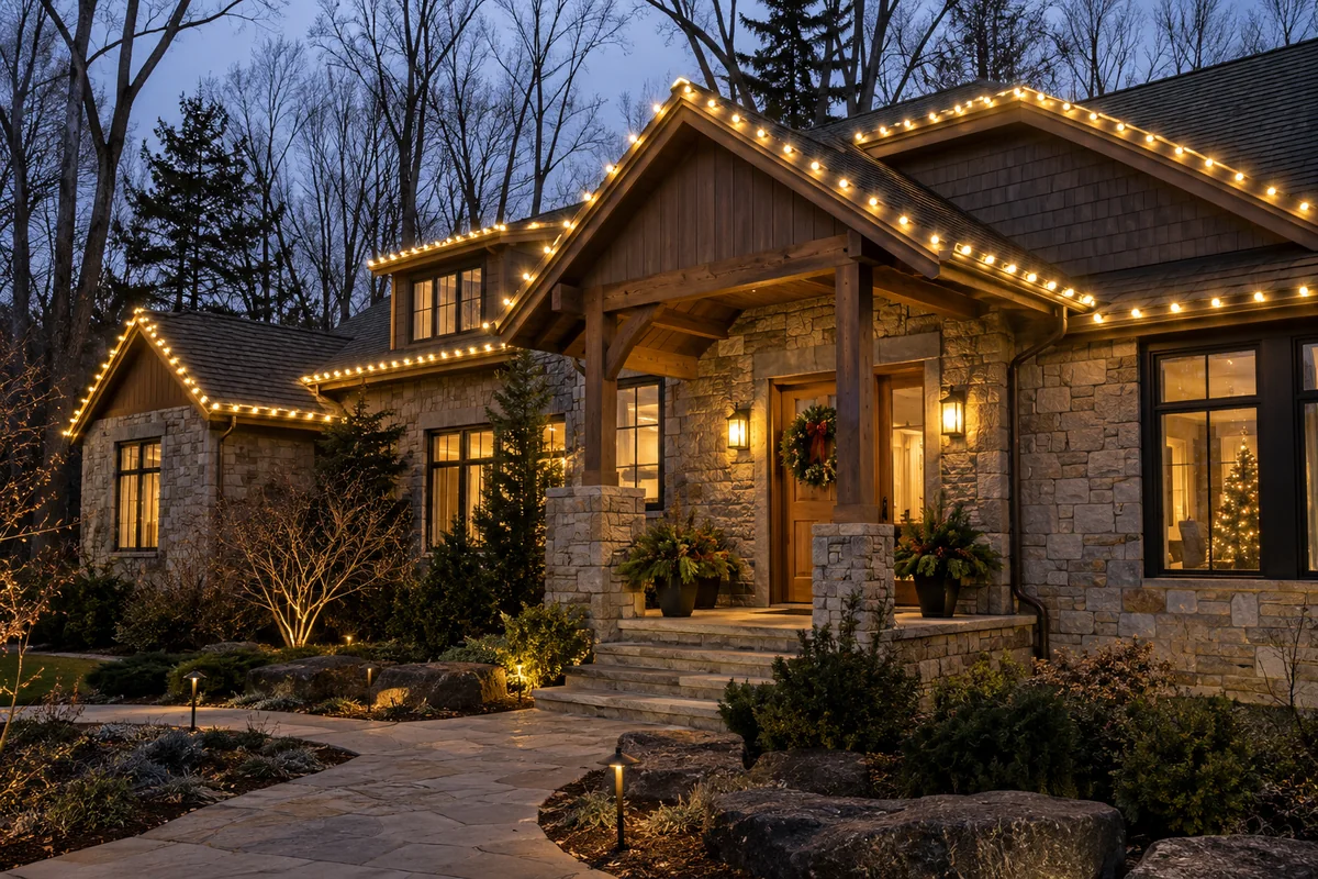 Warm white Christmas roofline lights on a wooded stone home