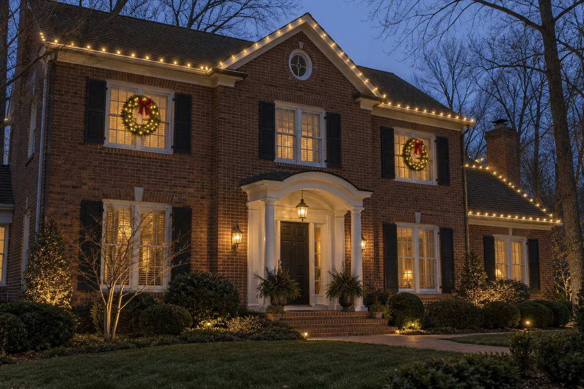 Warm white Christmas lights highlighting a brick colonial home