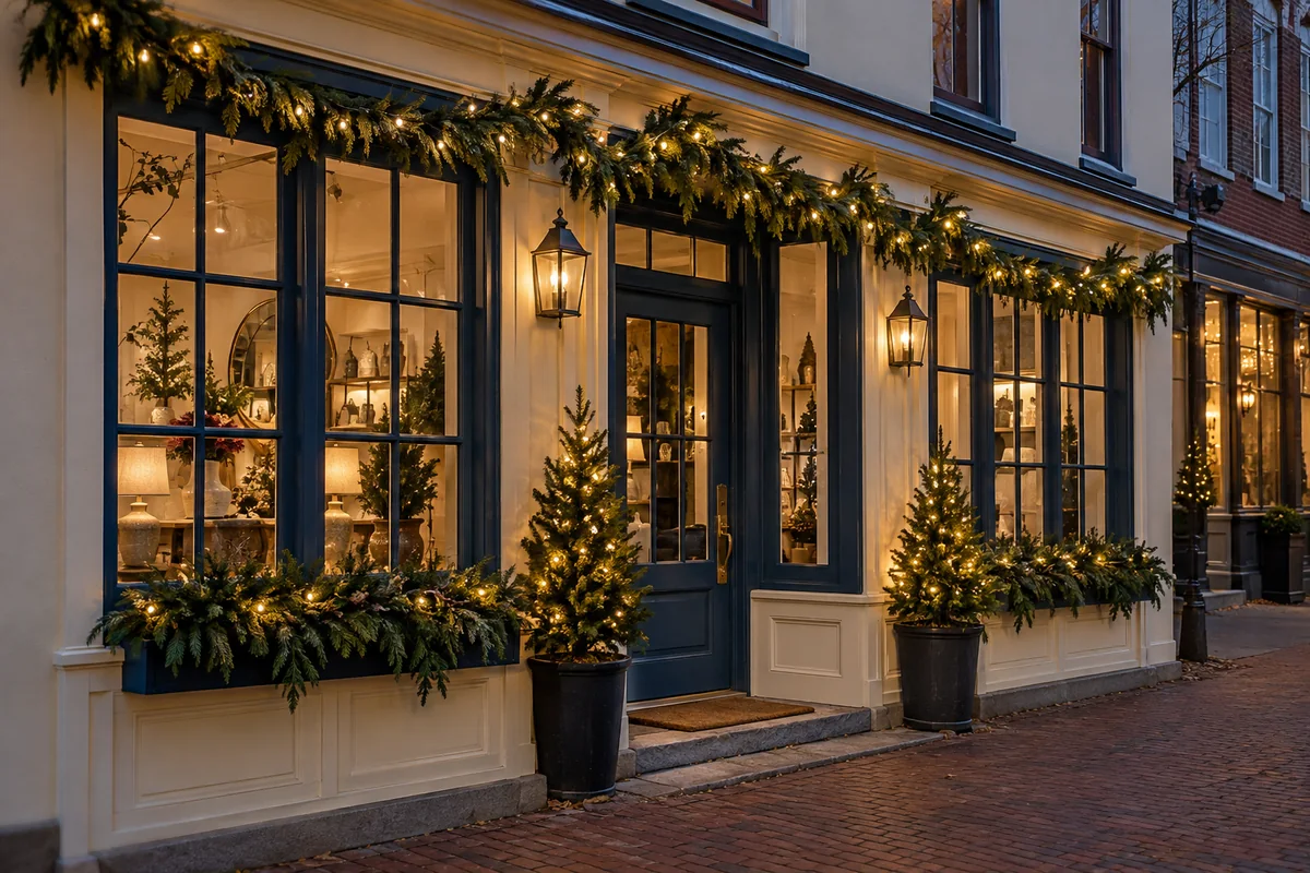 An upscale storefront with tasteful holiday window lighting and greenery