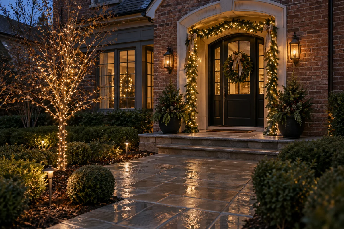 Lighted porch garland and a wrapped garden tree near an entrance