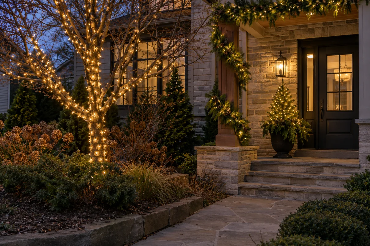 A wrapped ornamental tree and lighted greenery beside a residential walkway