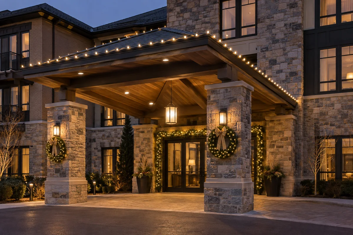 Warm white holiday lights and wreaths at a hotel-style arrival entrance