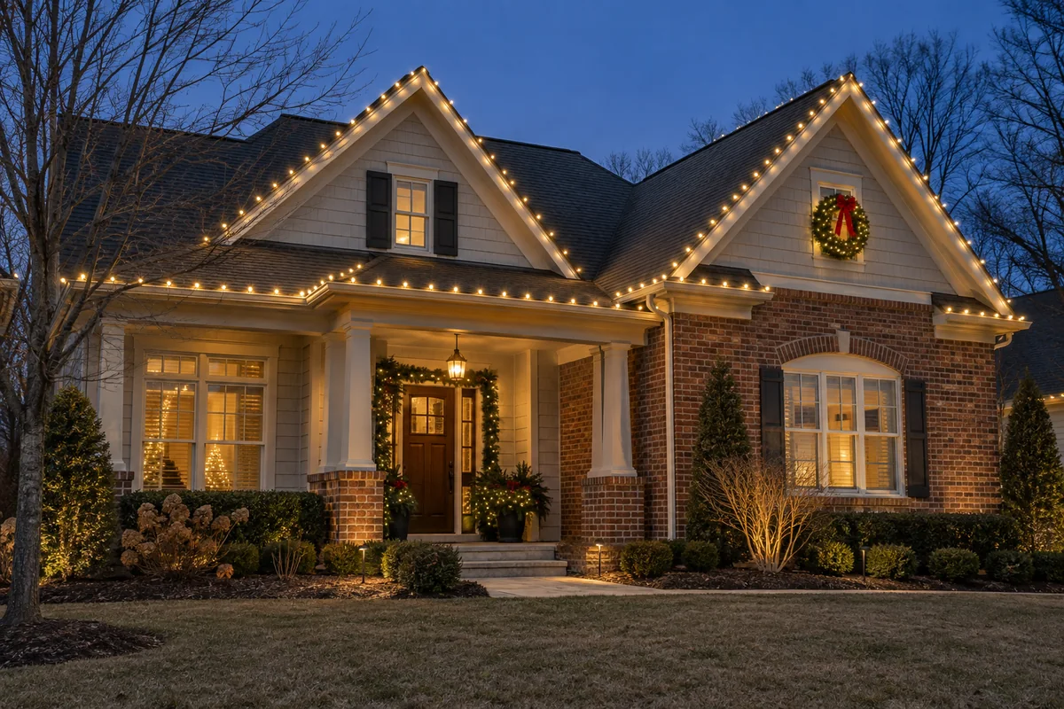 Warm white Christmas roofline lights on a well-kept suburban home