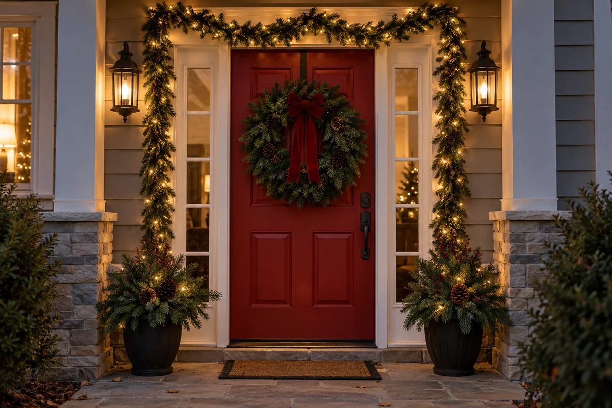 Warm white lights woven into garland around a red front door