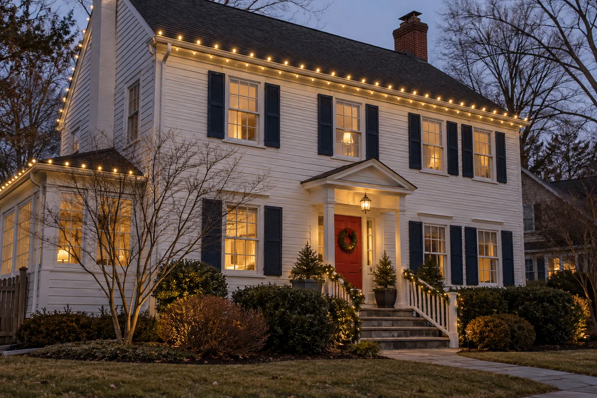 Warm white holiday roofline lights on a white colonial house