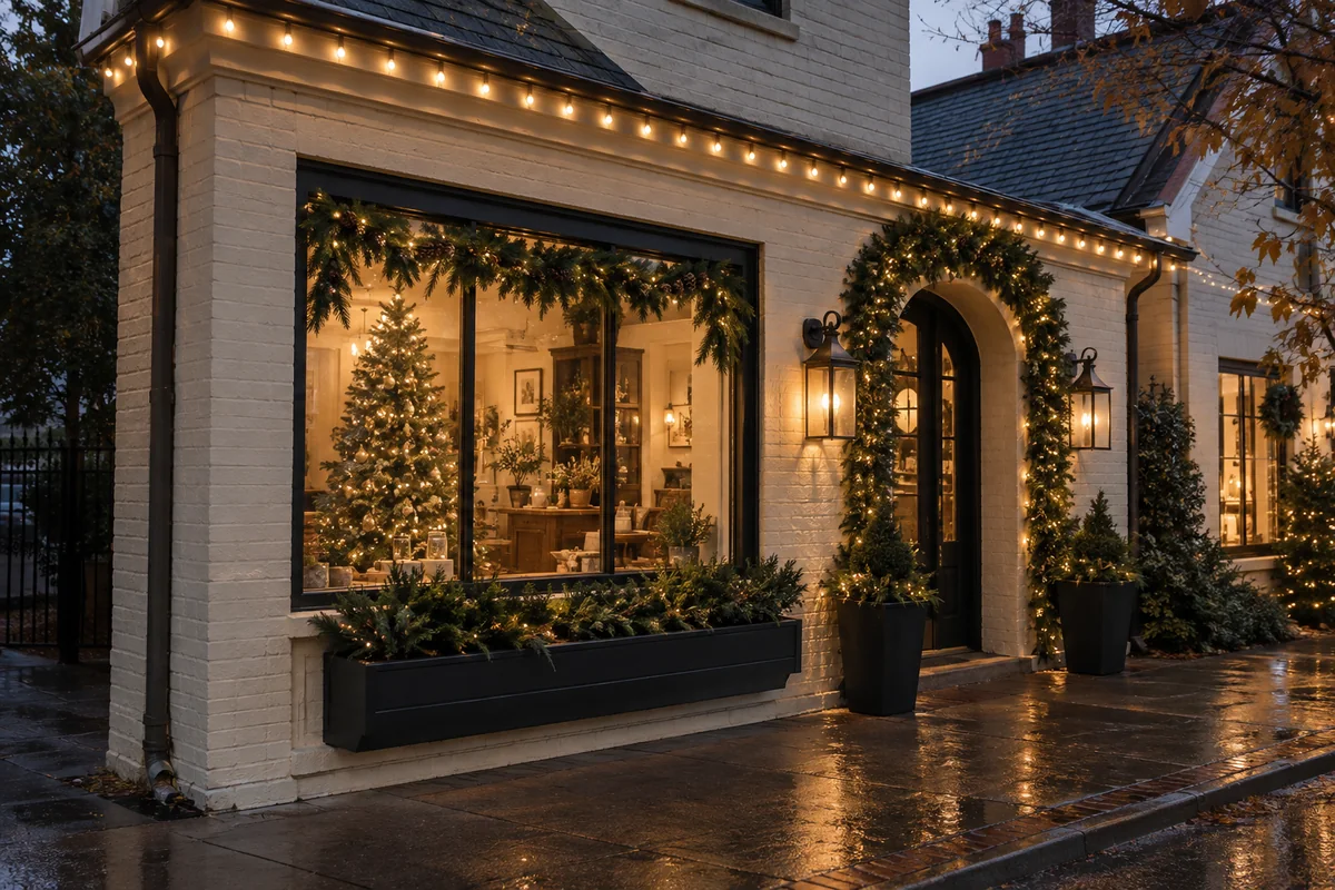 A boutique window and doorway decorated with holiday lights