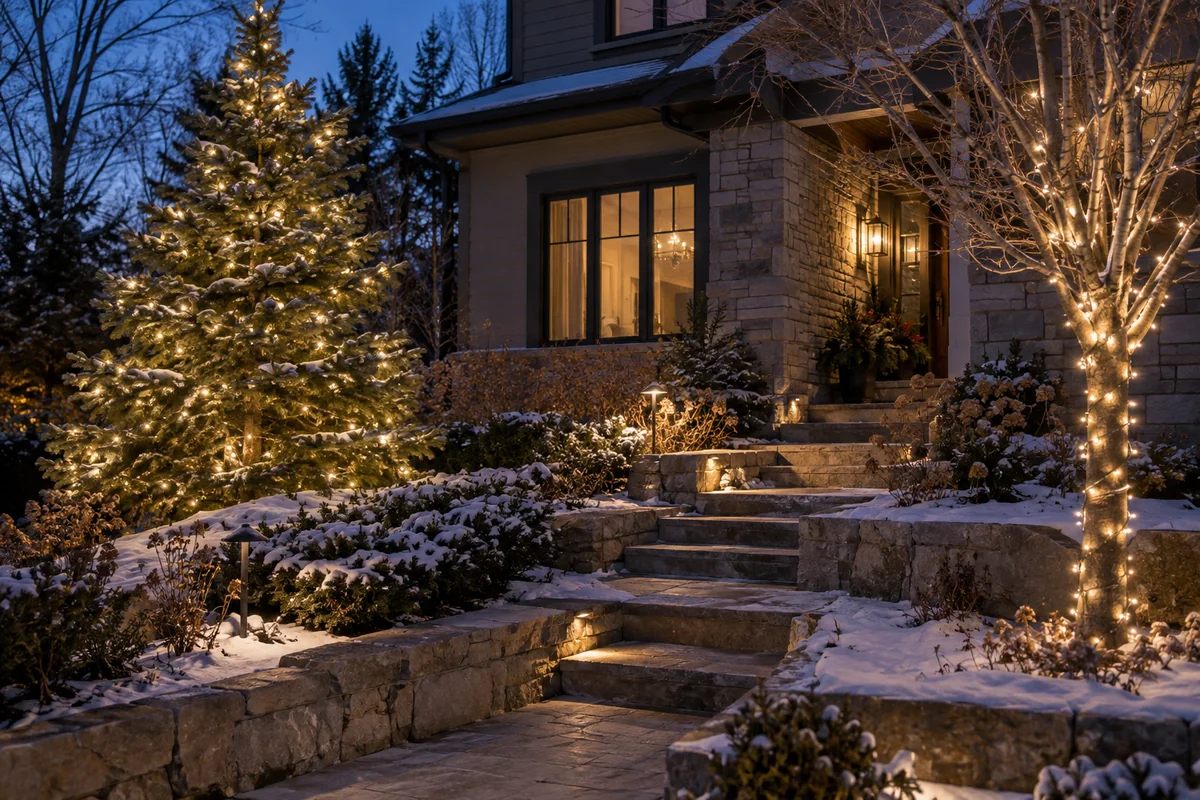 A lighted evergreen and warm white tree wraps along a garden path