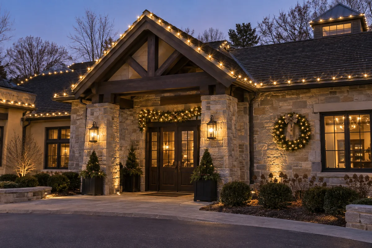 Restrained roofline lights and greenery at a clubhouse-style entrance