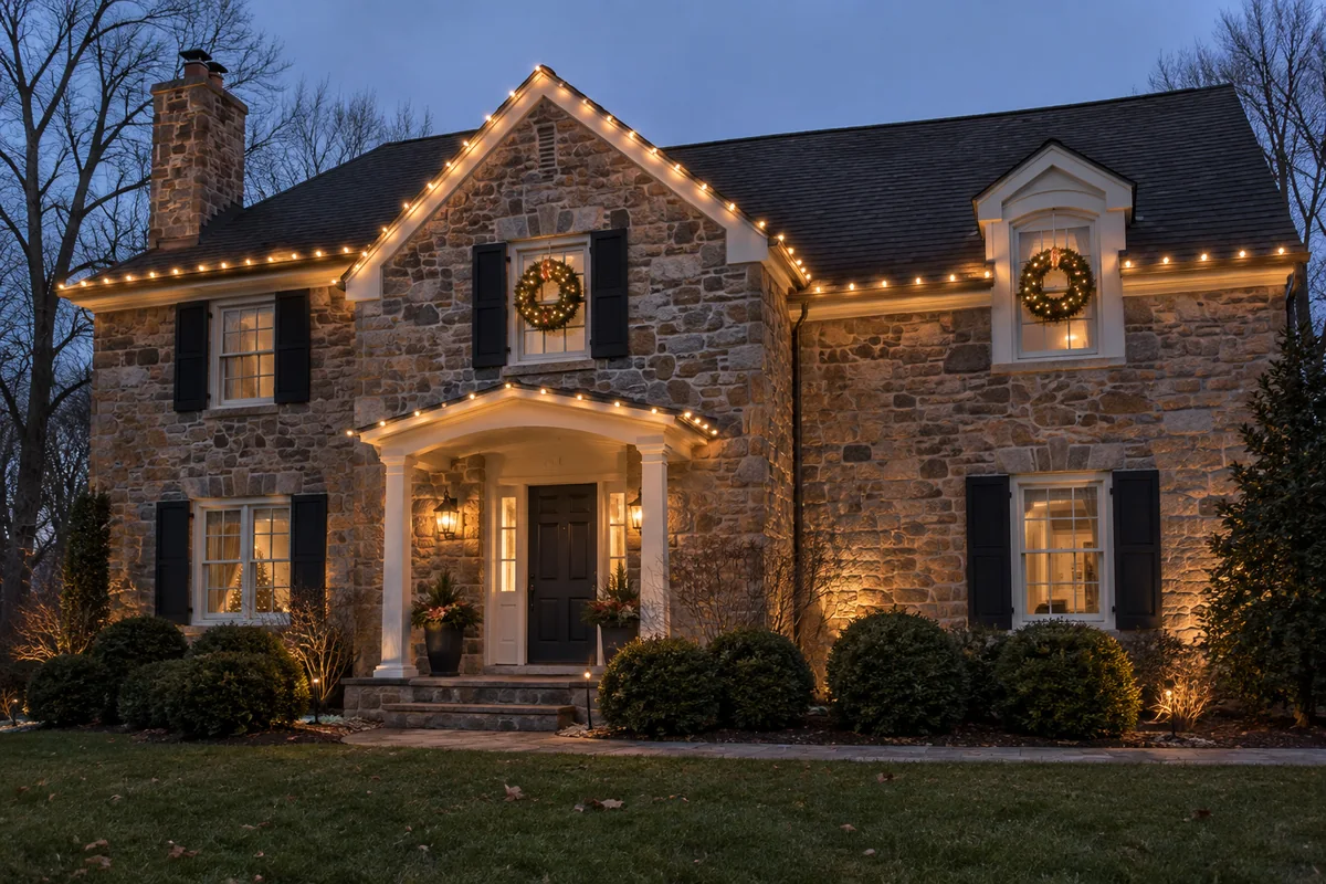 Warm white Christmas lights on a stone residence with dark shutters